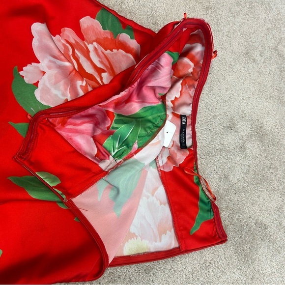 Zara red tropical floral flower strapless maxi dress front slit Sz S NWT - Picture 11 of 16